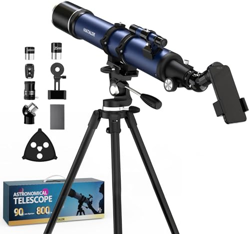 Télescope réfracteur de 800 mm de focale et d'ouverture de 90 mm, idéal pour débutants et Adultes. Grossissement de 32x à 240x. Lentille de Barlow 3X et Adaptateur pour téléphone Inclus (Bleu)