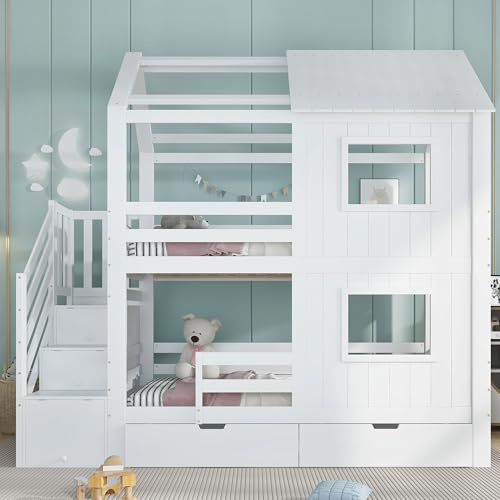 Lettino a castello, letto per bambini, armadio per scale con ripiani, cassetto portaoggetti con ruote, bella finestra e tetto, rete a doghe in legno di pino + MDF + compensato, bianco, 90 x 200 cm