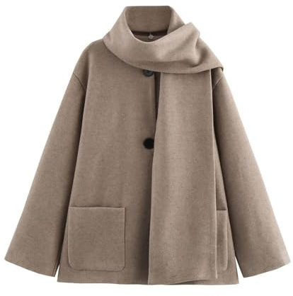 Women's Wool Coats Ladies Elegant Jackets with Scarf Long Sleeve Stand Collar Coat Work Office Button Down Blazers Suits with Pockets Comfy Soft Open Front Cardigans Business Solid Color Overcoats Uk