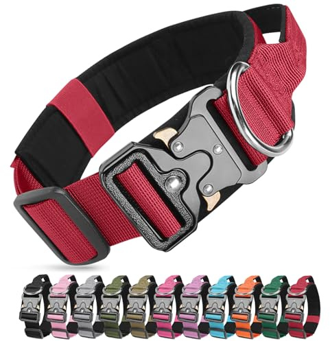 Ledeak Collar Táctico para Perro, Ajustable Collar Perro de Nailon Acolchado con Hebilla de Metal, Collares de Entrenamiento con Mango de Control para Perros Medianos y Grandes (Rojo, XL)