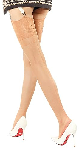 Luxallacki Vintage Keyhole Back Seam Hold-up Stockings, Cuban Heel Sheer Thigh-Highs for Retro Glamour (Fleshy,Medium)