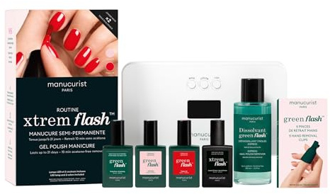 Manucurist Green Flash LED Xtrem Flash™ Gel Nail Polish Set – 36W Lamp, Base & Top Coat Nail Polish, Poppy Red, Hortencia, Remover & Clips – Long Wear Gel Varnish – Manicure Kit - Up to 21 days Wear