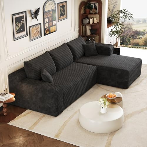 Luscriate Boneless Sofá de 4 plazas con chaise lounge, sofá en la nube sin montaje, sofá minimalista con espuma de alta densidad para viviendas modernas, negro (Black-Right, 4)