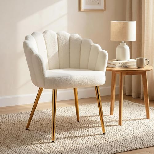 HOMCOM Petal-Back Lounge Chair, Faux Lamb's Wool Seat, Metal Legs, Cream | Adjustable Feet, Modern Armchair, Living Room, Bedroom, Balcony, Office