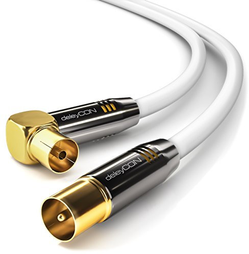 deleyCON 1,5m 4K TV Antennenkabel - 4K Ultra-HD Full HD HDTV - 1x Gewinkelt - Koaxialkabel - IEC-Stecker (gerade) zu IEC-Buchse (90° Grad) - Metallstecker - Weiß
