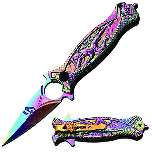 Masters Collection Folding Knife – Rainbow Stainless Steel Blade, Rainbow Handle w/ Sculpted Ninja, Pocket Clip, Glass Punch, EDC, Collectible, Self Defense – MC-A030RB