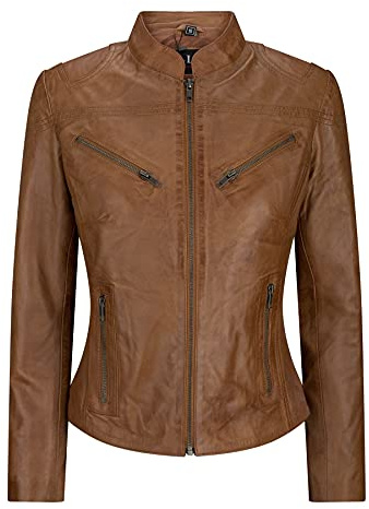 Giacca Corta da Ragazza, Donna Chiodo in Vera Pelle Stile Biker Slim Fit nocciola s