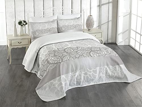 ABAKUHAUS Grau Tagesdecke Set, Lace Inspired Floral, Set mit Kissenbezügen Sommerdecke, für Doppelbetten 220 x 220 cm, Graue Pale grau