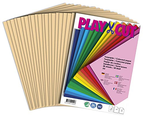 PLAY-CUT Tonpapier A4 Sandbraun (130g/m2) | 20 Bogen Din A4 Papier zum Basteln Drucken | Dickes Bedruckbares Bastelpapier Set und Druckerpapier A4 | Premium Tonzeichenpapier & Craft Paper
