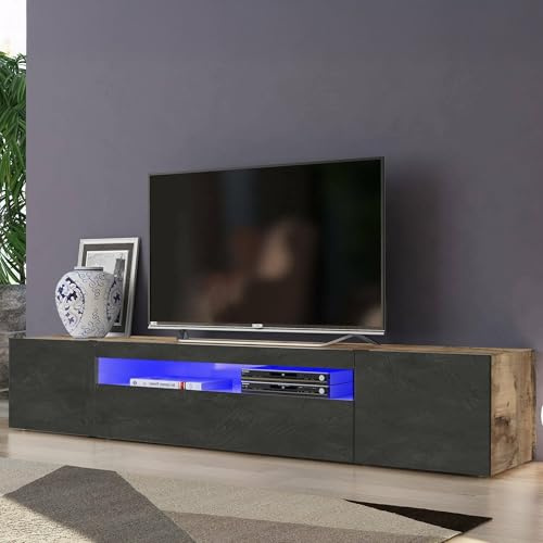 Dmora - Meuble TV Jesse, Buffet bas de salon avec 3 portes, Base pour meuble TV, 100% Made in Italy, 200x40h37 cm, Érable et Ardoise, avec lumière LED