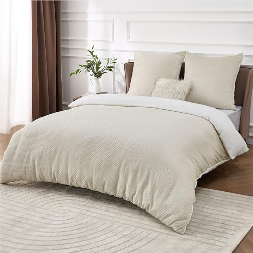 BEDSURE Ropa de cama mullida de 155 x 220 cm, color beige, funda nórdica de invierno de forro polar con 2 fundas de almohada de 80 x 80 cm, ropa de cama cálida con cremallera, ropa de cama de invierno