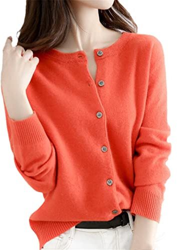 Ownwfeat - Maglione da donna in cashmere, cardigan con scollo a V, abbottonatura singola, aderente, maglieria da signora, Arancione, M