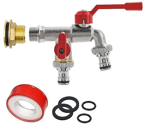 WOLAFOO Garten Wasserhahn 3/4 Zoll Doppel Auslaufhahn – Messing Rost- & Frostsicher mit Regentonnendurchführung – 2x 3/4 Zoll Abgänge inkl. Rollendichtband & Schlauchtülle