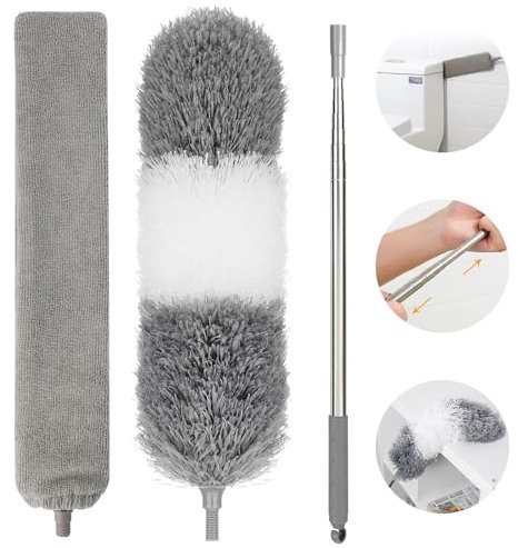 PHOGARY Feather Duster,6 PCS Extendable Bendable Washable Cobweb Duster with Extension Pole Up to 213CM, Grey Long Feather Dust Brush for Cleaning Gap Dust, Ceiling Fan, High Ceiling, Furniture