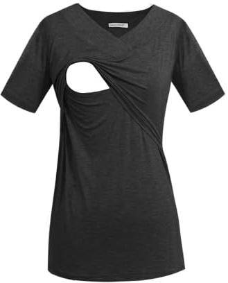Smallshow Women's Nursing Tops V-Neck Short Sleeve Breastfeeding Shirts Clothes,Deep Grey,M