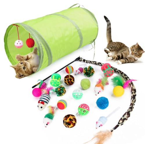 Generisch Katzenspielzeugset 21 Stücke Katzenspielzeug Set Katzentunnel Interaktives Katzen Spielzeug für Kätzchen Federspielzeug Katzenbälle Spielzeugmäuse Katzenangel