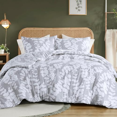 Set Housse de Couette 220x240 cm Gris Blanc Réversible Motif Feuilles Tropicales Dorées Botanique 2 Personnes et 2 Taies d'oreiller 65x65 Microfibre Parure de Linge de Lit avec Fermeture Éclair