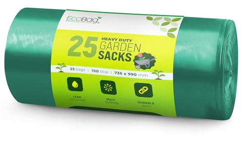 EcoBag - 25 Pack Extra Strong Heavy Duty Garden Sacks - 100L - 30 Microns - Recyclable, Leak Resistant & Eco-Friendly, Durable Garden Waste Disposal Bags for Household & Commercial Use (736x990mm)