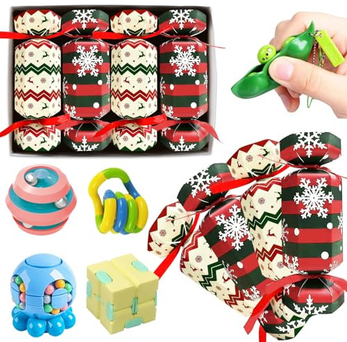 POPOYU 2025 Christmas Crackers Luxury,4x8inch Unusual Christmas Crackers with 4Pcs Magic Bean Fidget Charm,Xmas Crackers Luxury Gifts for Family Party Favors,Xmas Novelty Gifts,XmasTree Decoration