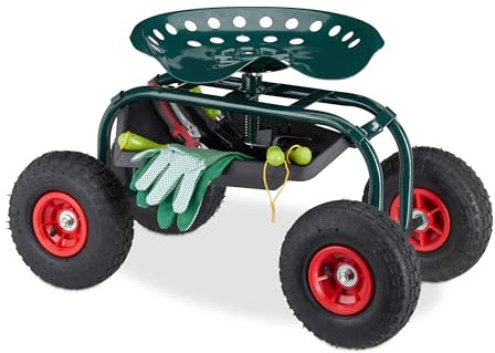 Relaxdays fahrbarer Gartensitz, höhenverstellbar, 150 kg, Stauraum, Rollsitz für Gartenarbeit, Stahl, Luftreifen, grün