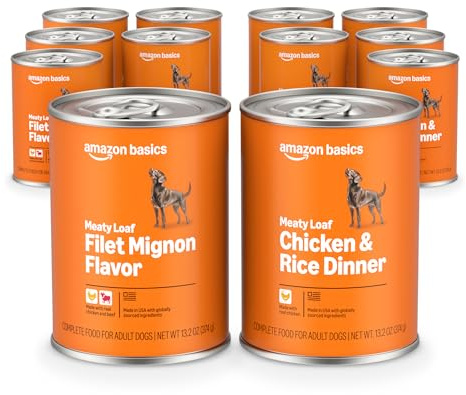 Amazon Basics Wet Dog Food Meaty Loaf Variety Pack, Filet Mignon Flavor and Chicken & Rice Dinner, Made with Real Chicken and Beef, 13.2 oz can, (6 cans of Each Flavor, 12 cans in Total)