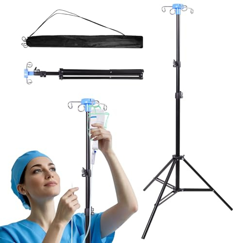 Foldable IV Pole Stand with 4 Hooks, Adjustable Height IV Stand, Tripod IV Pole Stand for Home Care, Hospitals, Clinics and Travel, Medical IV Drip Infusion Bag Holder(Black)