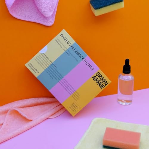 Generisch Set di 4 panni multiuso in bambù, 100% bambù, per la pulizia sostenibili, in bambù, 25 x 25 cm, verde, giallo, arancione, rosa