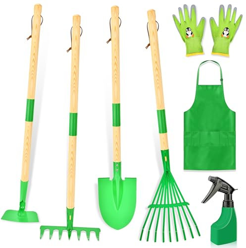 IEEILULU Ensemble d'Outils de Jardinage Enfant, Jouets de Jardinage avec Pelle Gants Tablier Arrosoir, Kit de Jardinage pour Garçons et Filles 3 Ans+ (Vert)