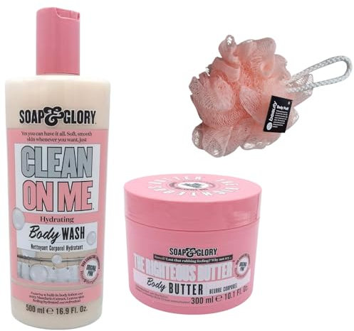 Clean On Me Shower Gel (500ml) + The righteous Butter 300ml,DUO SET With Free Beauty Body Puff(Any Colour)