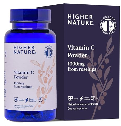 Higher Nature Vitamin C Powder - 1000mg Vitamin C from Rosehips - True Food® Formula - Natural Vit C - Immune System Support - Energy, Beauty, Joint, Bone & Collagen Support - 100% Plant Powered - 66g