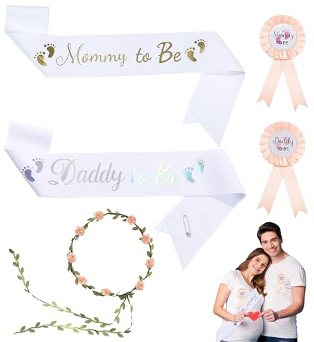 PYSEOSISE Écharpe Baby Shower, 5 Pièces Set Écharpes de Fête, Écharpe Mommy to Be Daddy to Be avec Badge et Couronne Fleurie Serre-Tête pour Décoration Baby Shower