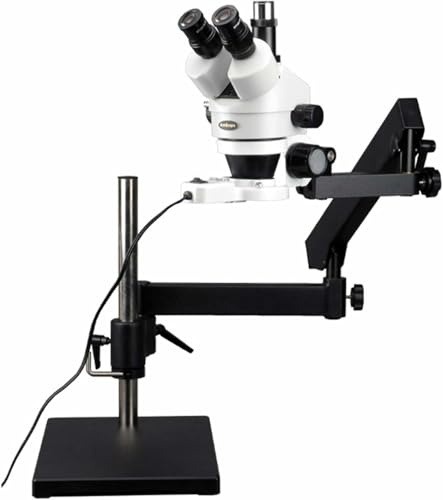 AmScope SM-7TZ-FRL Professional Trinocular Stereo Zoom Microscope, WH10x Eyepieces, 3.5X-90X Magnification, 0.7X-4.5X Zoom Objective, 8W Fluorescent Ring Light, Articulating-Arm Boom Stand, 110V-120V, Includes 0.5X and 2.0X Barlow Lenses