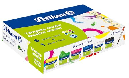 Pelikan, Set de 6 Témperas Escolares de 40 ml Lavables, Resistentes a la Luz, Incluye Pincel