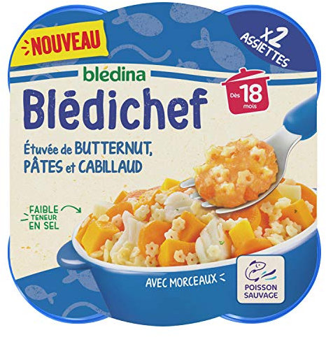 Blédina - Blédichef - Repas Bébé 18 Mois - 2 Plats Butternut Pâtes Cabillaud - Petits Morceaux - Faible Teneur en Sel - Dès 18 Mois - 2 Assiettes 250g (L'emballage Peut Varier)