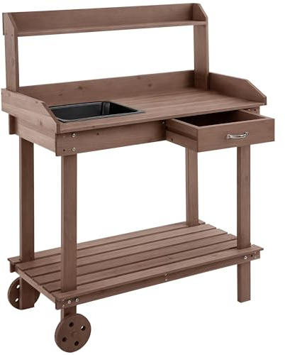 Outsunny 36 Wooden Potting Bench Work Table, 2 Detachable Wheels, Brown