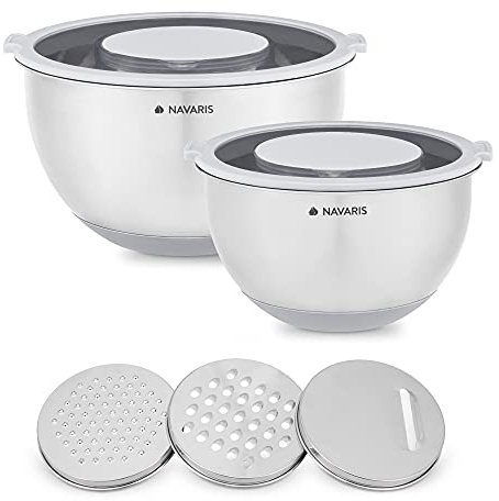 Navaris Edelstahl Schüssel Schale mit Deckel - 2x Rührschüssel Salatschüssel - inkl. 3x Reibe - Set Edelstahlschüssel Schüsselset in Grau
