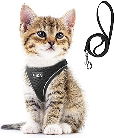 Fida Cat Harness and Leash Set, Breathable Mesh, Easy Step-In Design, Triple Safety Features, Reflective Strips, Matching Lead Set, XXXS (Neck: 26cm-29cm; Girth: 29cm-32cm), Black