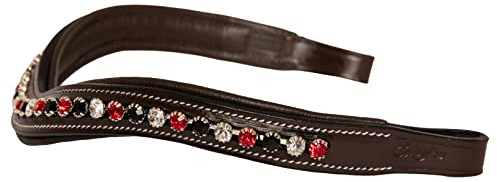 Exion Curved Crystal Browband for Horses – Soft Padded Bling English Bridle Brow Band | Dressage, Show, Jumping | Black, Brown | Red, Black & Clear Crystal Browband For Horses