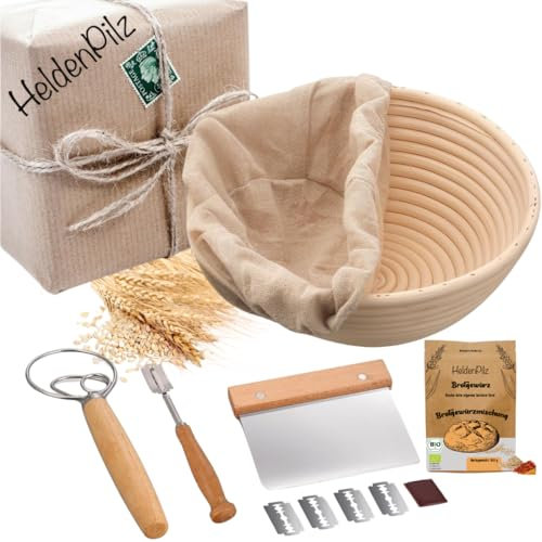 Set zum Brotbacken – knuspriges Brot selber machen inkl. Gärkorb, Teigkarte, Teigrührer, Bäckermesser + Rezept und Anleitung für Sauerteigbrot (Brotbackset)