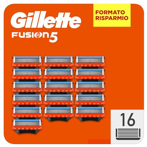 Gillette Fusion 5 LAMETTE DA BARBA Uomo, 16 Ricambi da 5 Lame, Delicatezza Insuperabile, Rasatura Scorrevole con Striscia Lubrificante, Fino a 1 Mese di Rasatura con 1 Lametta