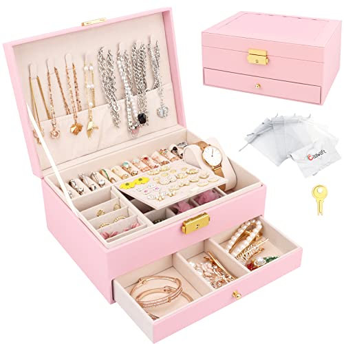 Schmuckkasten, Schmuckkästchen mit 2 Ebenen mit Schubladen, PU-Leder Schmuckbox Schmuckschatulle Groß Schmuck Organizer für Ringe Ohrringe Armbänder Halsketten, Rosa