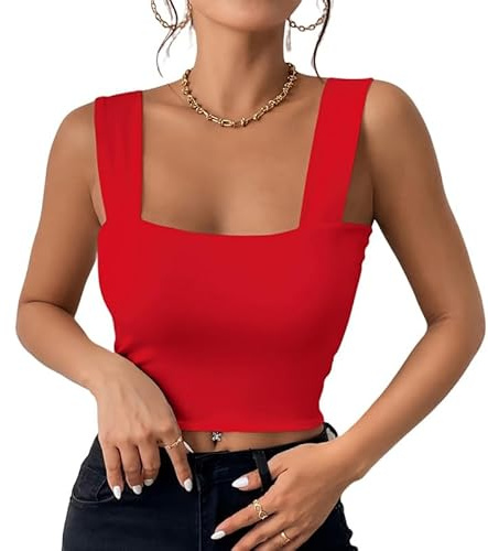 Haibang Damlinne Elegant Sommar Crop Toppar Sexig Slim Fit Tank Ärmlös Topp Kort Sportlinne Med Fyrkantig Hals Basic Smal Smal Undertröja Mode Klubbkläder Enfärgad Tröja, Röd, M