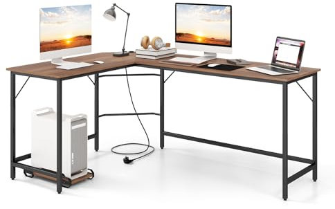 COSTWAY L-format skrivbord med uttag och CPU-stativ, hörnskrivbord, hörnbord, datorbord, kontorsbord för hemmakontor, 168 x 125 x 74,5 cm (natur)