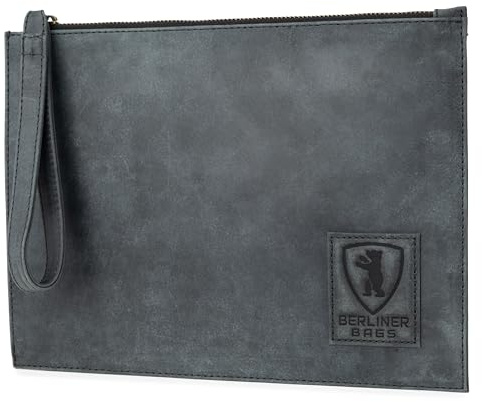 Berliner Bags Cartella Porta Documenti Dirk in Vera Pelle Bovina, Organizer con Zip e Laccetto da Polso per Passaporto e Documenti, Unisex – Grigio Scuro