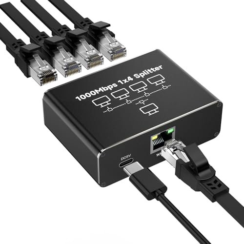 GlasFlength Divisor LAN de 1 a 4 1000 Mbps Ethernet, conmutador LAN de 4 Puertos con Cable de alimentación Tipo C Gigabit Ethernet Switch Cable de alimentación para Ordenador hubs Switches Router