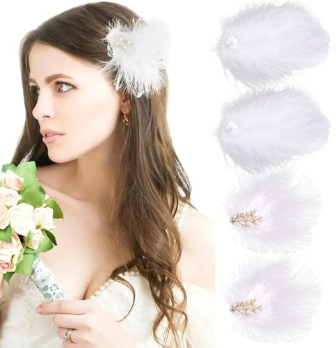 Yeomju 4 pinzas para el pelo de plumas, ramillete de cisne artificial con perlas para el pelo para mujeres, niñas, novia, boda, fiesta, escenario, actuación, accesorios para el cabello (blanco)
