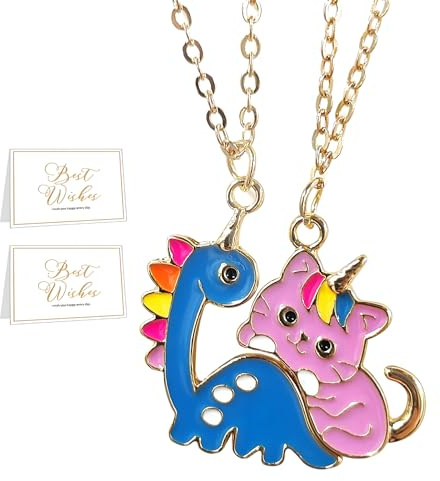FloraMolly bästa vän-halsband för 2, 2 st söta dinosaurie-katthalsband magnetiskt halsband för goda vänner nära vänner systrar, med 2 st gratulationskort, 8.27 in, Metall, Ingen ädelsten