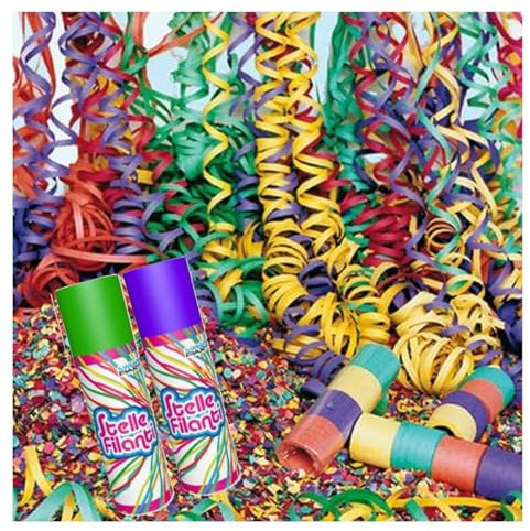 Set Carnevale 2 bombolette stelle filanti + 5 confezioni coriandoli 100g + 5 pz. stelle filanti festa kit divertimento bambini travestiemnti festa in maschera