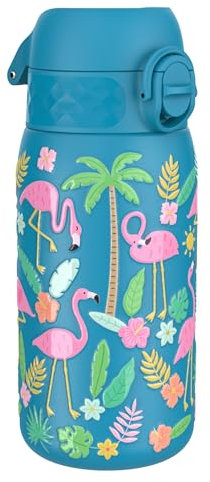Ion8 Gourde Enfant, Inox Léger, 400ml, Non Isolé, Anti-Fuite, Facile à Ouvrir, Verrouillage Sécurisé, Lavable au Lave-Vaisselle, Poignée de Transport, Acier Inoxydable, Flamants Roses
