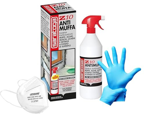 SPRAY ANTIMUFFA 1 LT per muri interni ed esterni, bagni, docce,fughe piastrelle, vasi in cotto - in conf con kit protettivo per applicazione sicura (PRODOTTO BUNDLE)